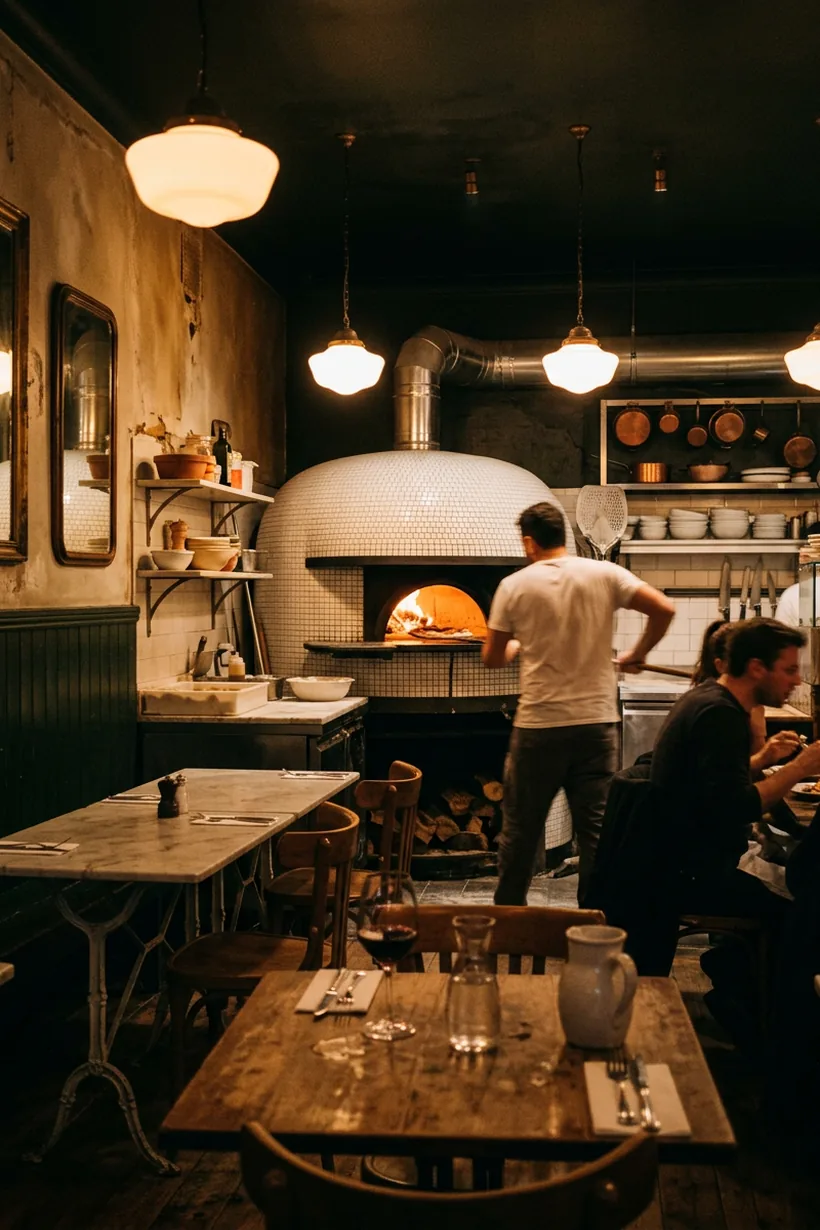The white-tiled domed oven burning at the back of the dining room, under opal pendant lamps