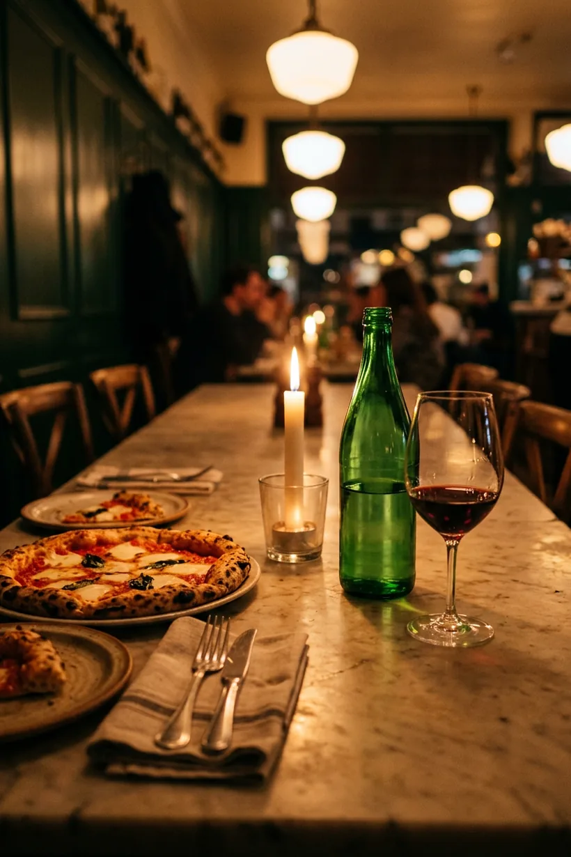 A long marble table laid with pizza, a candle, a green bottle and a glass of red wine
