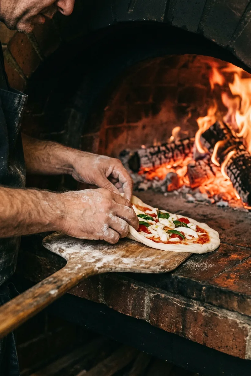 A pizzaiolo easing a raw pizza off the peel onto the oven floor beside burning oak